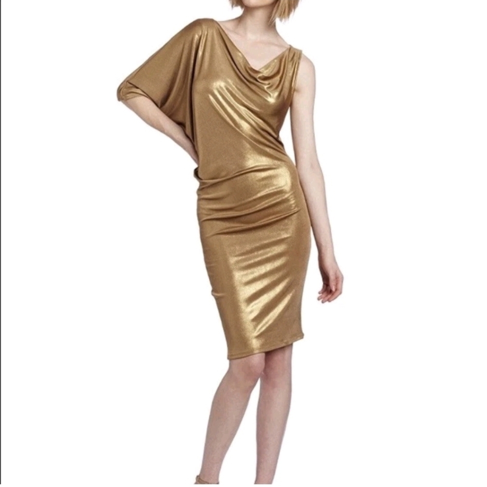 BCBGMaxAzria Metallic Gold One-Shoulder Drape Dress